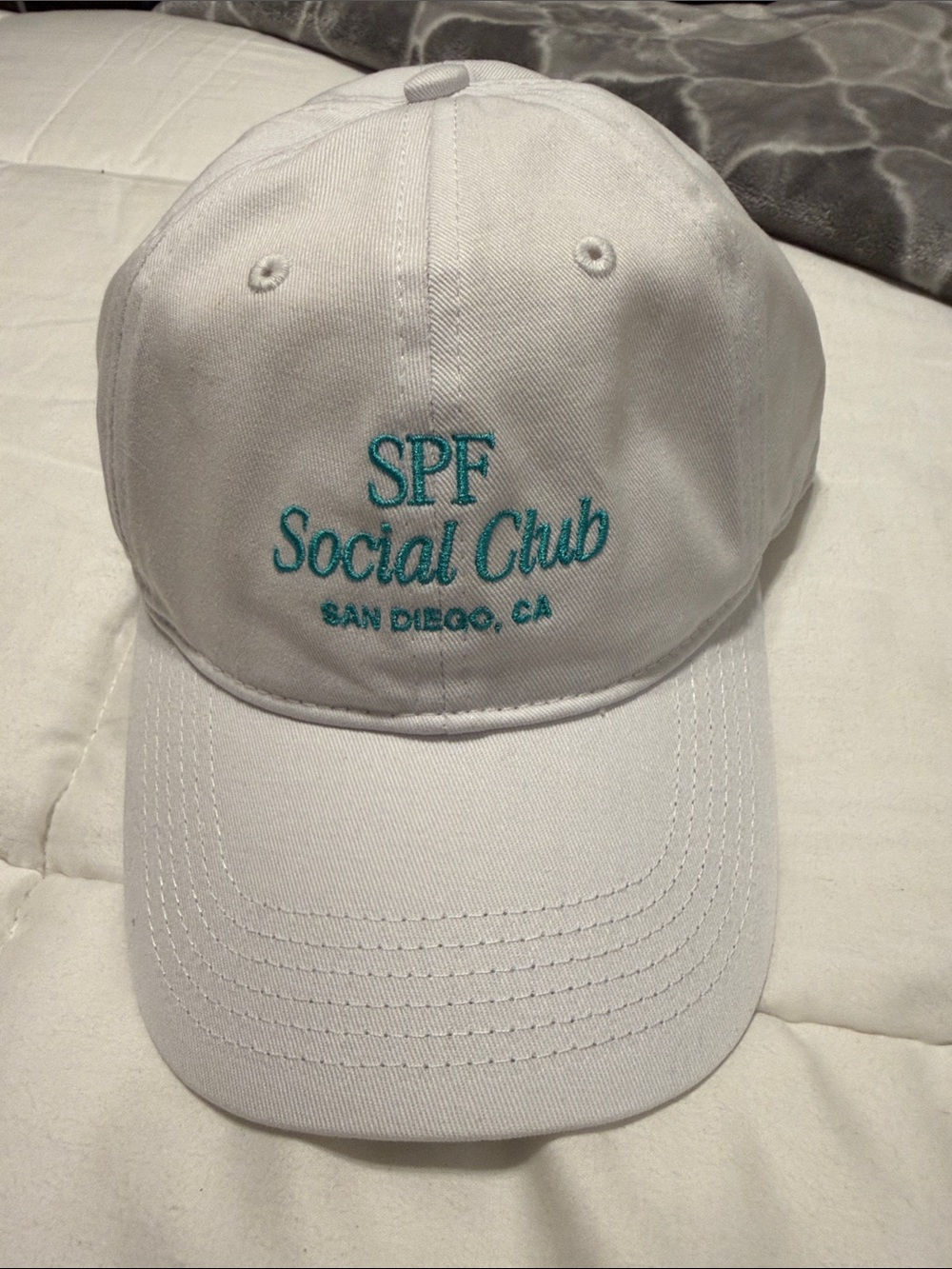 COOLA SPF Social Club White Baseball hat dad hat Cap with Teal Embroidery
